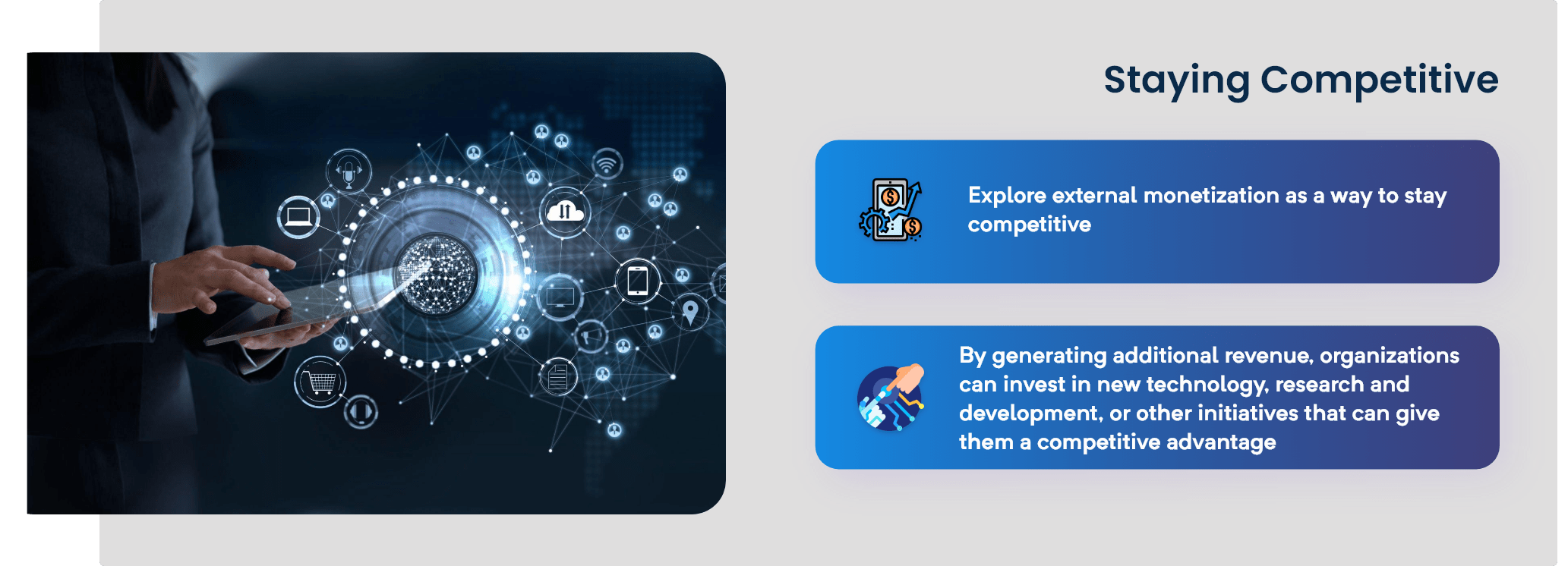 Staying Competitive Explore external monetization as a way to stay competitive By generating additional revenue, organizations can invest in new technology, research and development, or other initiatives that can give them a competitive advantage